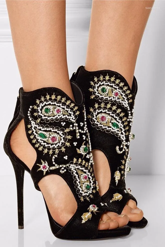 Sandálias requintado multi-cor bordado costurado salto alto retro elegante colorido floral bling cristal bombas sapatos de pérola