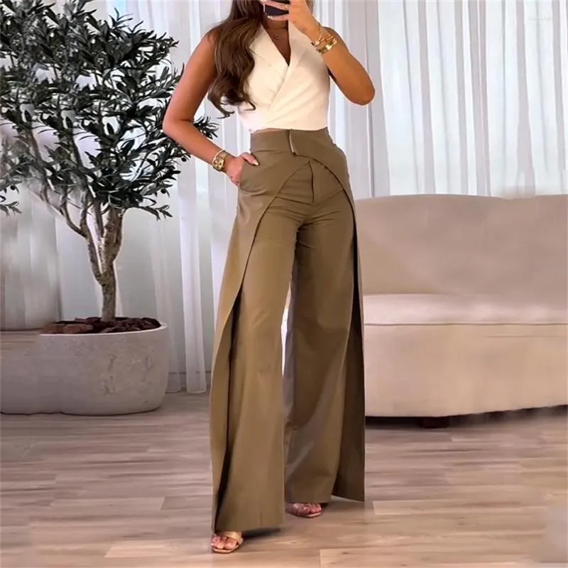 Women's Pants Women White Sleeveless Vest And Brown Wide Leg Suit Elegant Office Lady Turn-down Collar Tops High Waist Long