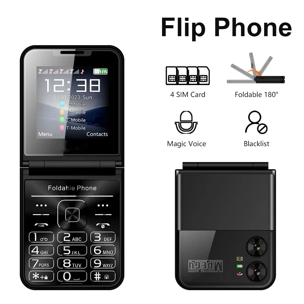 Fashion Foldable Mobile Phone 4 SIM Card Standby 2G GSM Cellphone 2.6'' Screen Magic Voice Speed Dial Auto Call Recording Blacklist Type-c