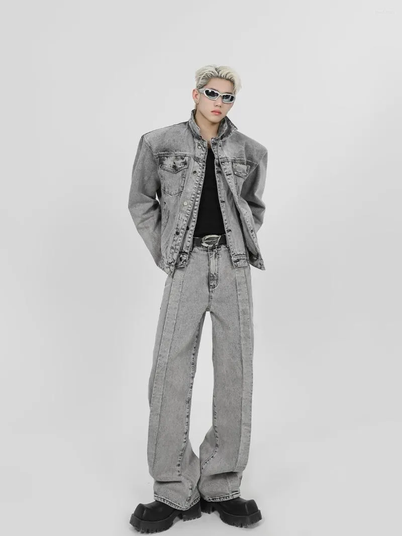 Tute da uomo Gmiixder Gothic Splicing Spalline Giacca di jeans Primavera Autunno Designer Vintage Jeans grigi lavati Set due pezzi / singolo
