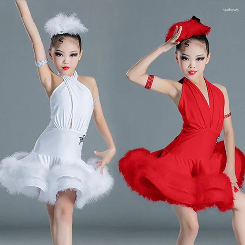 Stage Wear Kids Latin Dance Dissume Girls Performance Ropa Red White Feather Dress Cha Ballroom Competition Bl7088