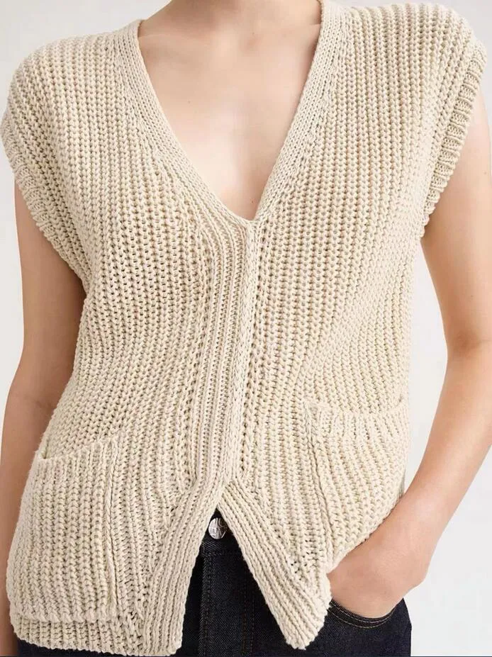 tOTDesign sensation beige col en V tricoté débardeur pour femme ceinture courte portant gilet haut sans manches