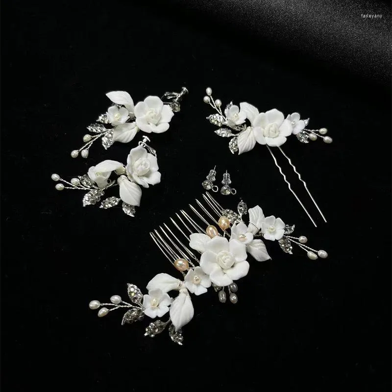 Saç klipsleri gümüş renk seramik çiçek düğün mücevher aksesuarları kristal doğal inci el yapımı pimler ve tiara süslemesi