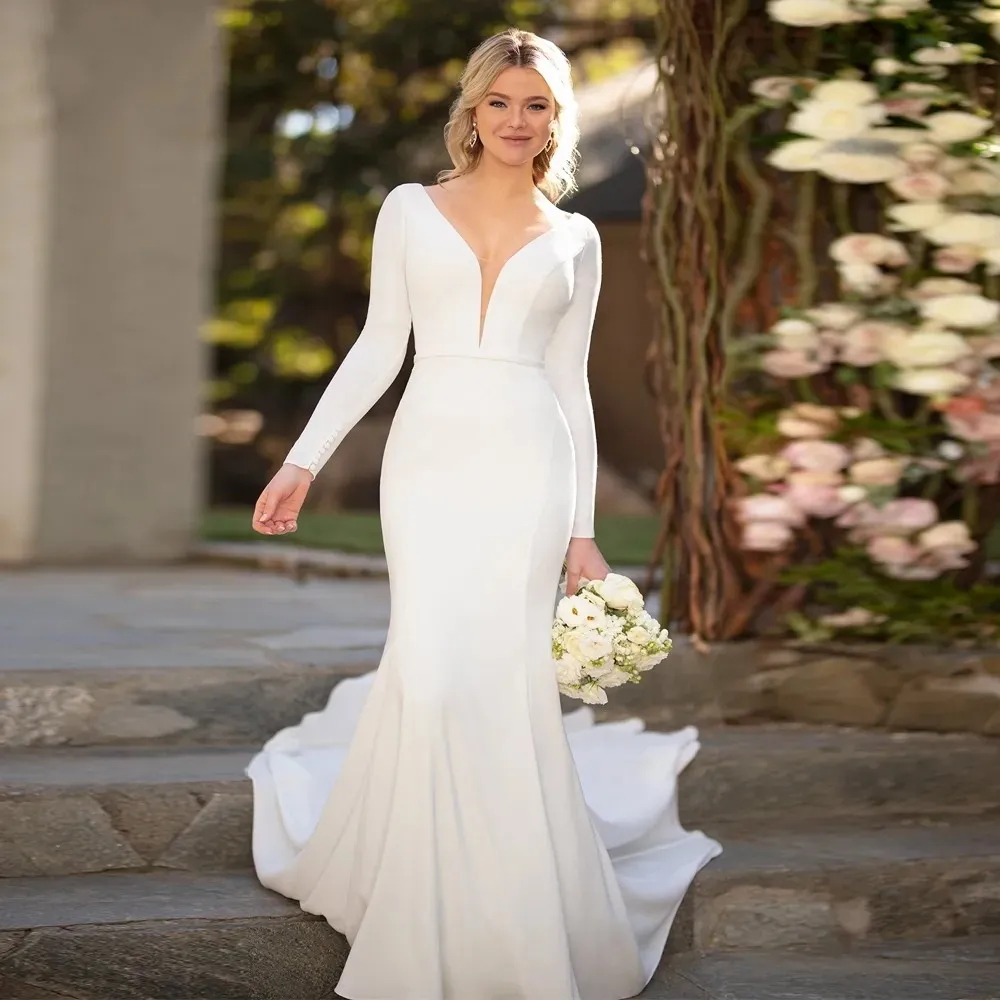 chinese dress ladies Mermaid Prom Dress with Deep V-Neck Long Sleeves Beadings main image 1