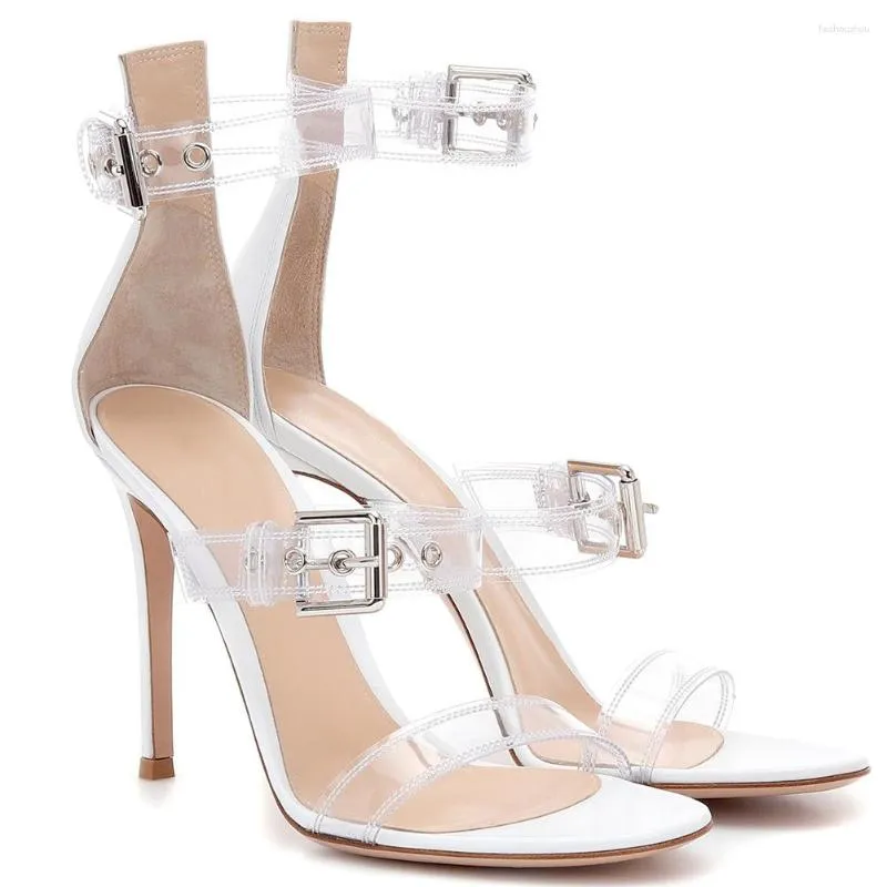 Sandaler Brand Design 997 Fashion High Heels Metal Buckle Strap Transparent PVC Women Shoes Round Toe Sandalias de Mujer White Pumps