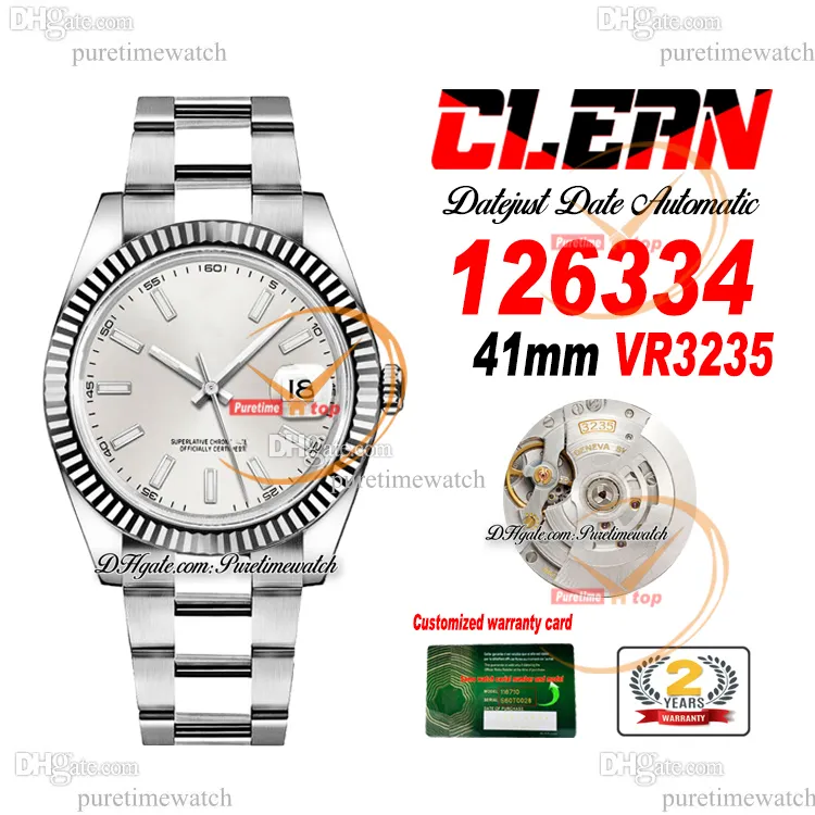 Clean Factory CF 126334 VR3235自動メンズウォッチフルーテッドベゼルデートシルバースティックダイヤル904L Oystersteel Bracelet SuperバージョンPuretimewatch reloj Hombre 0003