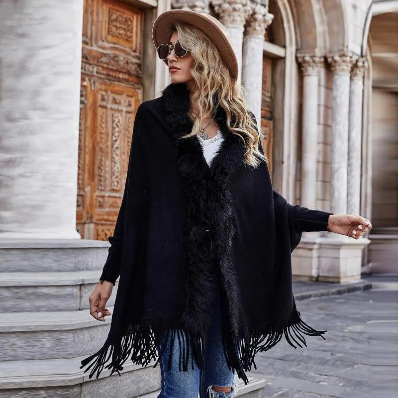 Scarves Autumn Winter Ladies Fur Collar Cape Wraps Cardigan Sweater Woman Oversized Batwing Sleeve Ponchos Coat