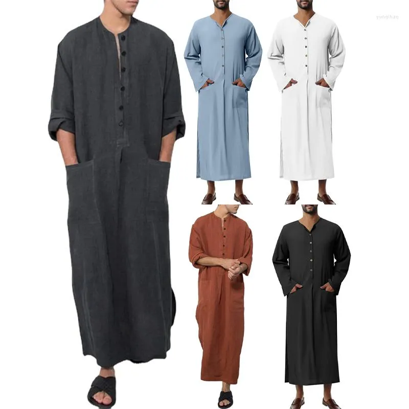 Men's Sleepwear V-Neck Short Sleeve Robe Kaftan Side Split Casual Long Dress Thobe Nightdress Shirt Loungewear Summer Beachwear