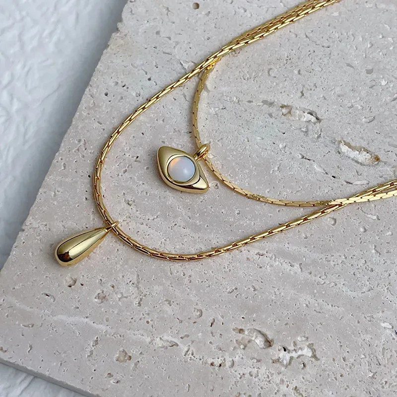 Colliers pendentifs Opal eye double couche collier pour femmes goutte d'eau en acier inoxydable fait à la main minimaliste protection bijoux 230928