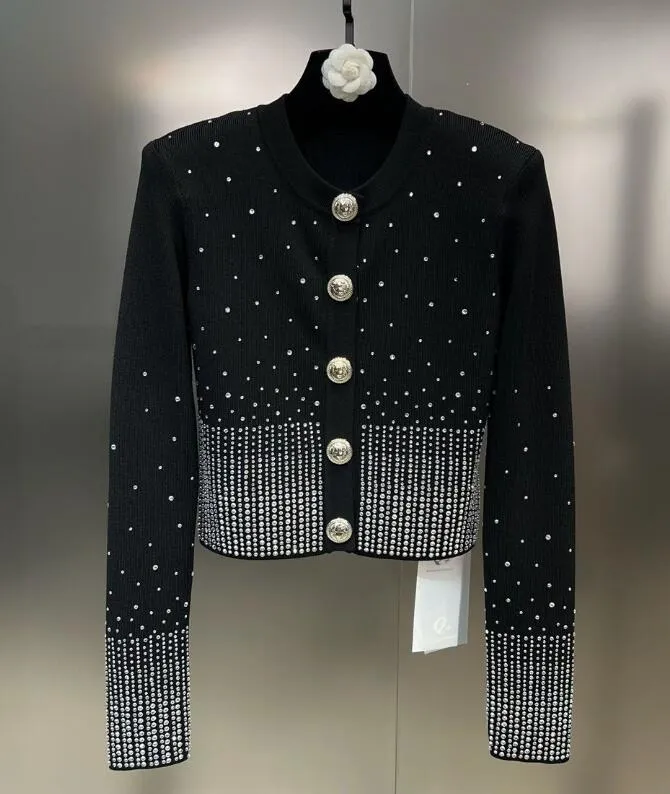 23LS Luxury Sweaters Womens Long Sleeve Bright Rhinestone Black Designer Tröja Kvinnor Sticked Cardigan Jacket