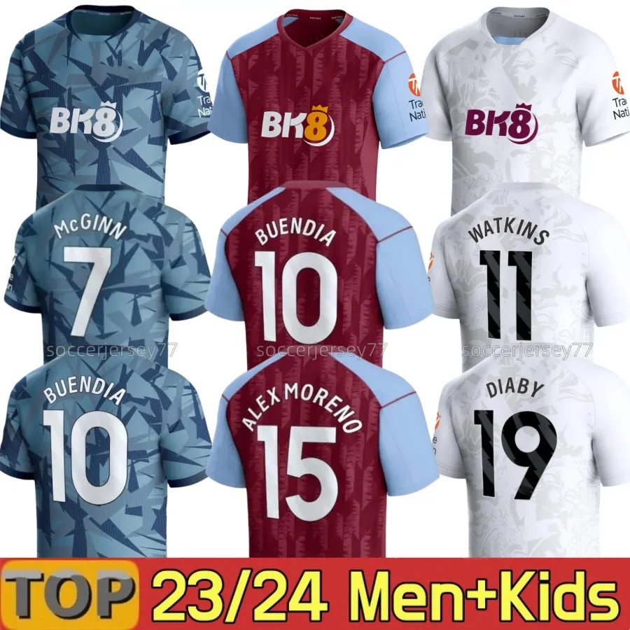 23/24 Jerseys de fútbol Kit para niños Hogar 2023 2024 Aston Villas Entrenamiento de los fanáticos Versión del jugador Camisetas Futbol Mings McGinn Buendia Watkins Maillot Foot