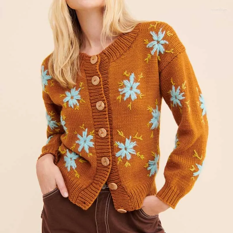 Women s Floral Cardigan Winter Orange Sweet Cute Cardigans Boho Style Long Sleeve Embroidery Buttons Knit Sweater 2024