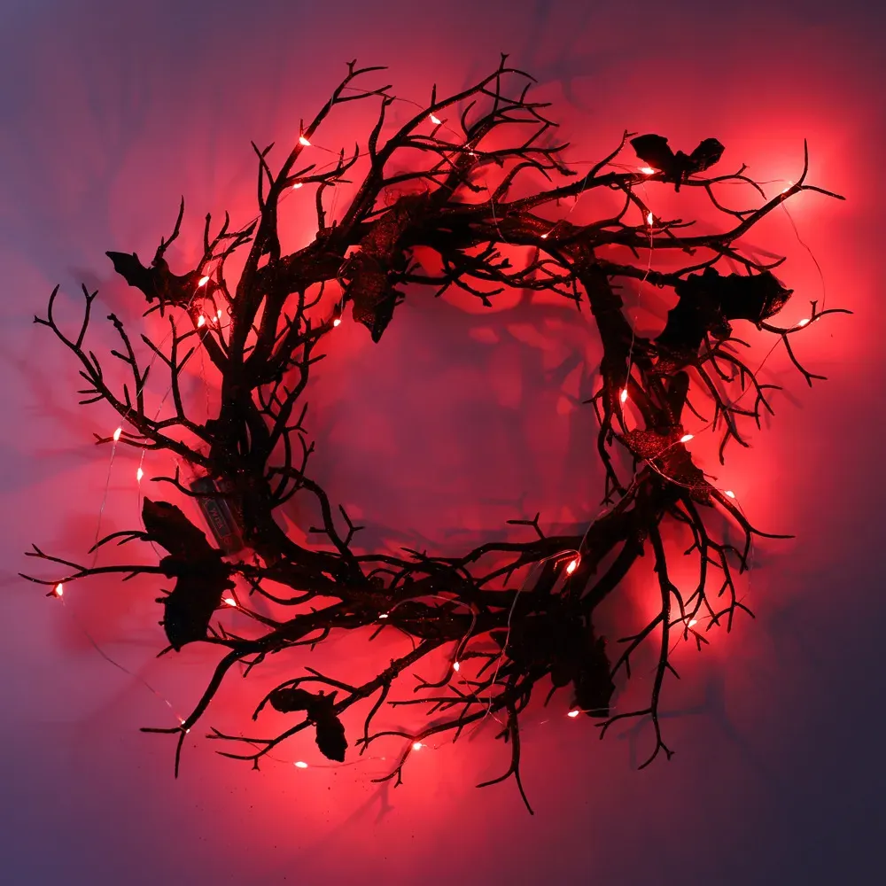 Halloween Wreath Bat Black Branch Wreaths With Red LED Light 45CM