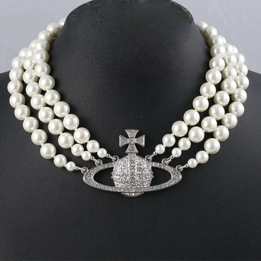 Western Empress Dowager's Necklace with Three Layers of Pearl Full Diamond Saturn Collar Chain Pinduo