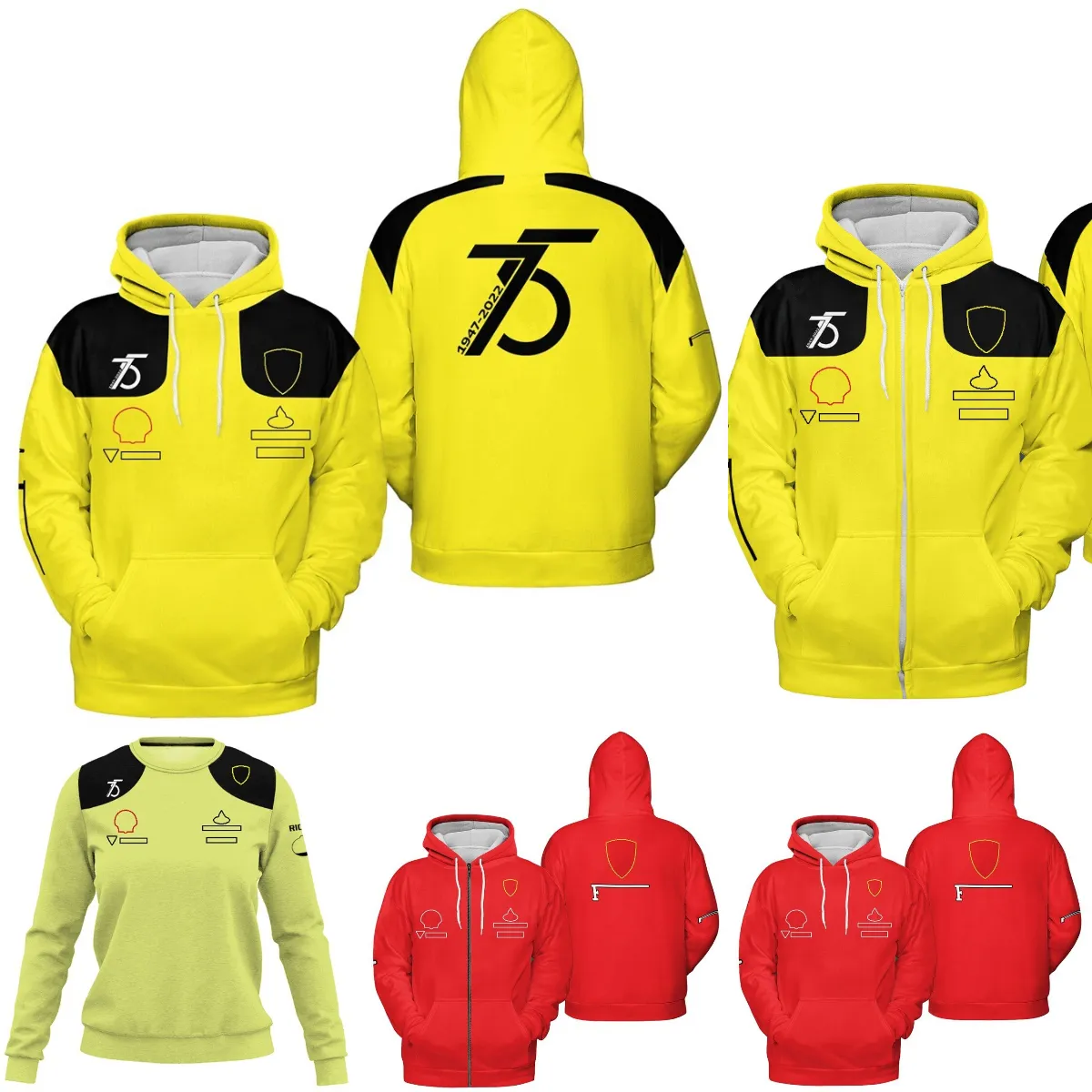 2023 F1 Sweat à capuche Formule 1 Team 75th Jaune Sweat à capuche zippé Course Printemps Automne Décontracté Sweat-Shirts Pour Hommes Vestes Manteau Chaud À La Mode