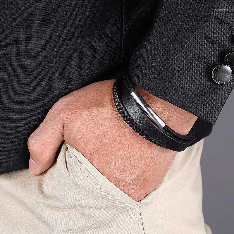 Charmarmband Design Mutilayer Handgjorda svarta flätade läderarmband för män rostfritt stål mode armband gåva SP1010