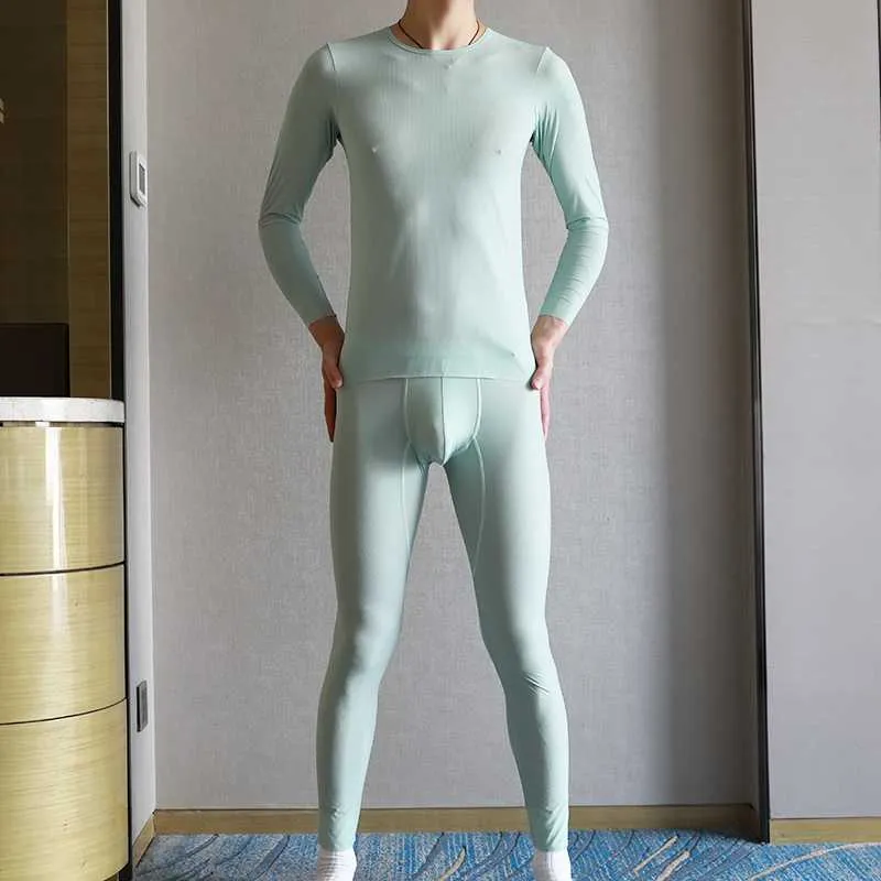 Men Thermal Underwear Set Ice Silk Seamless Soft Long Johns Pants