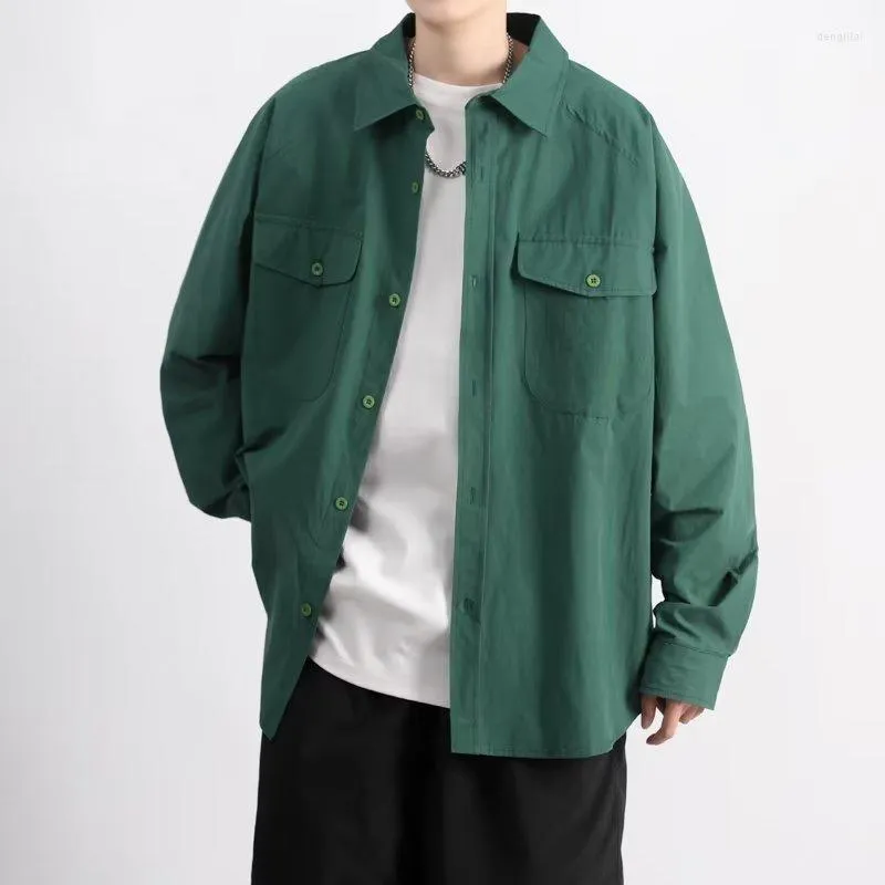 メンズカジュアルシャツ韓国ファッショングリーン長袖