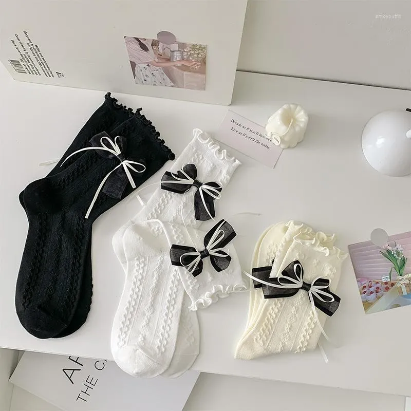 Women Socks Japanese Lolita Cute Double Layer Bow Mid Tube Gentle White Jk Pile Solid Color Thin Lace For