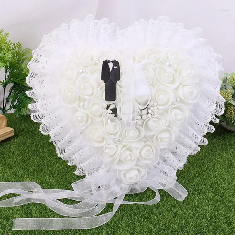 Jewelry Pouches Wedding Ring Bearer Pillow Heart Shape Cushion Holder With White Flower Lace Crystal Pearl Box