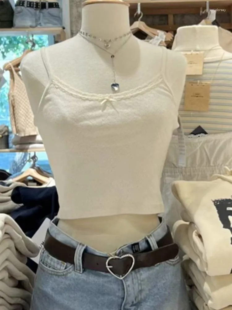 Women's Tanks Casual Women Cotton Beige Bow Ornament Camis 2023 Summer Fashion Sleeveless Solid Color Tops Female Slim