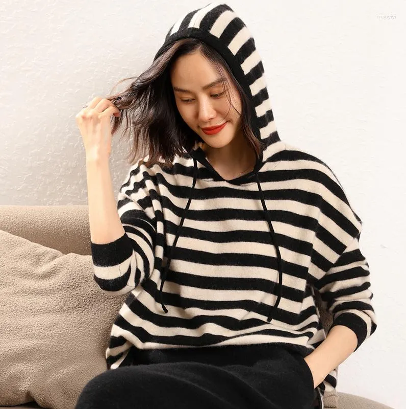 2023 Autumn Winter Womens Pure Cashmere Hooded Sweater Striped Loose Fit  Striped Pullover Womens With Knit Jumper For Warmth And Style From Maoyiyi,  $50.9