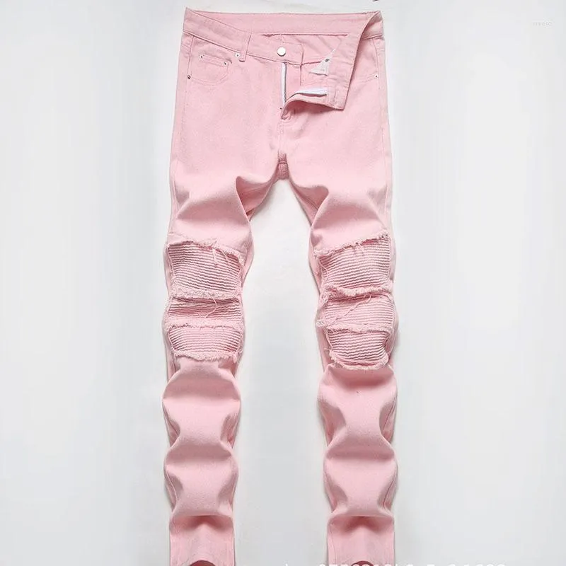 Men's Jeans High Street Ripped Patch Pink Spring Summer Casual Whiskers Straight Denim Trousers For Male