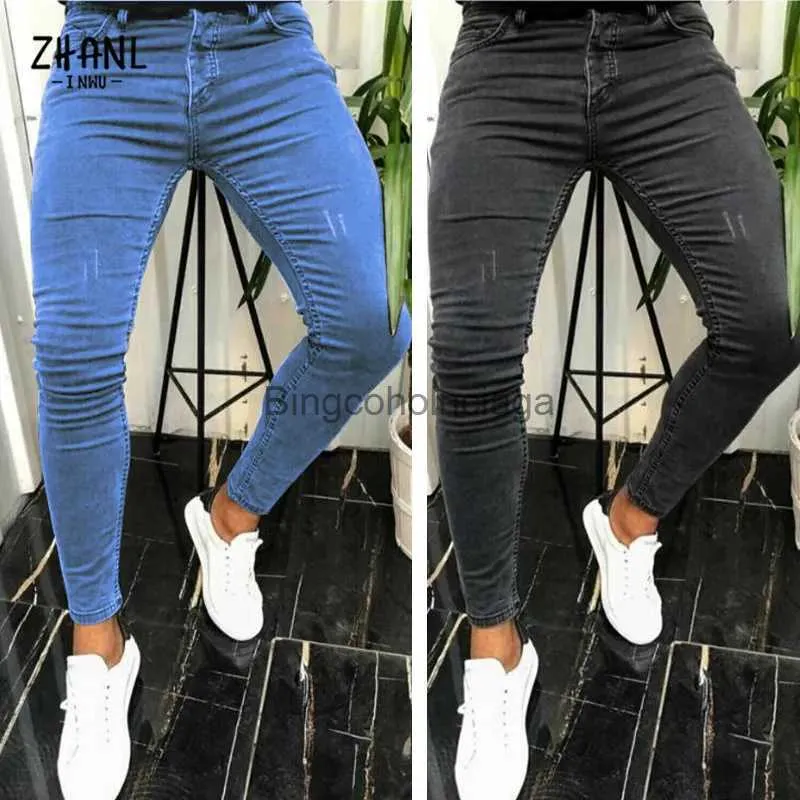 Heren Jeans Man Broek Hemelsblauw Skinny Jeans Heren Krassen Stretch Casual Slim Fit Denim Potlood Broek Heren Pure Kleur Elastische Jeans StreetwearL231003