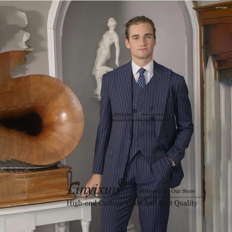 Navy Blue Striped Slim Fit Charcoal Pinstripe Suit For Formal