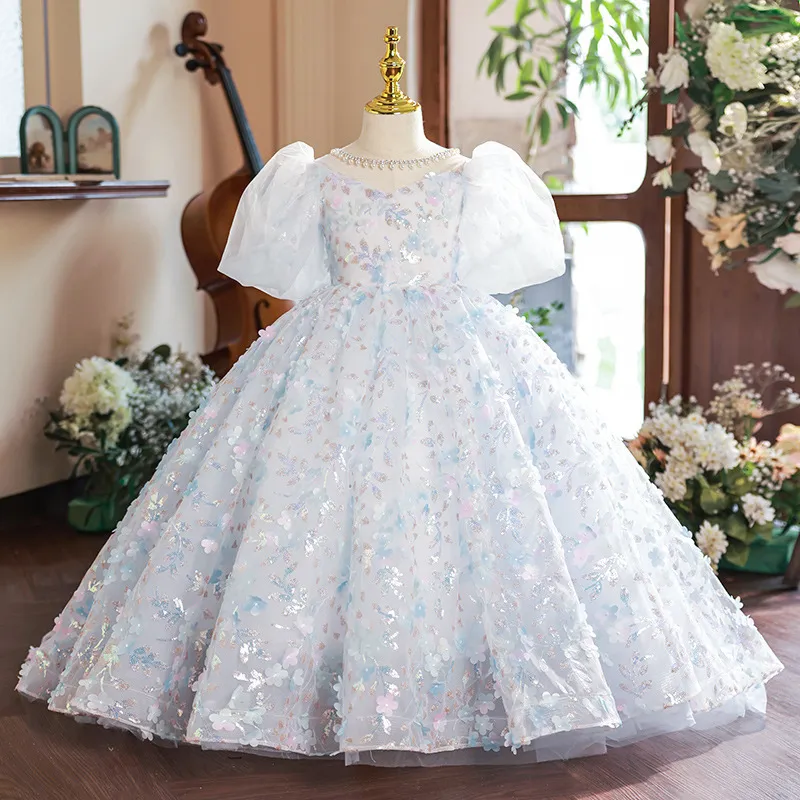 Shiniy Bling Blue Flower Girls Dresses Tulle Lace Appliques Long Formal Kids Birthday Sash First Communion Gowns Princess Ball Gown Wedding Party