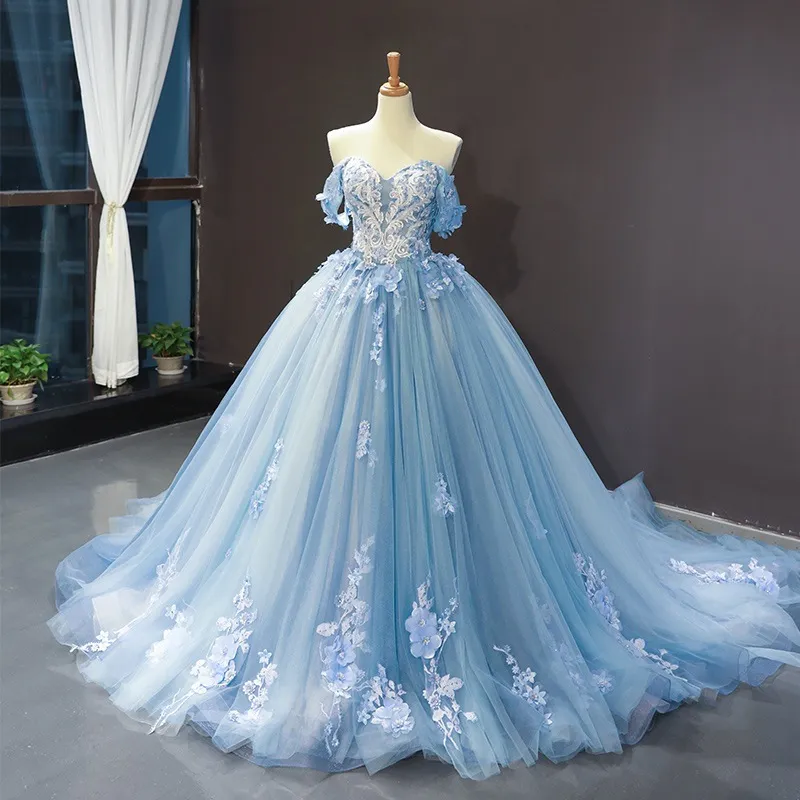Lace Wedding Elegant Beaded Off Shoulder Bridal Gowns Sweep Long Train 3D Flowers Applique Sky Blue Tulle Bride Dress Bohemian Wed Dresses 403 From 159 18 DHgate