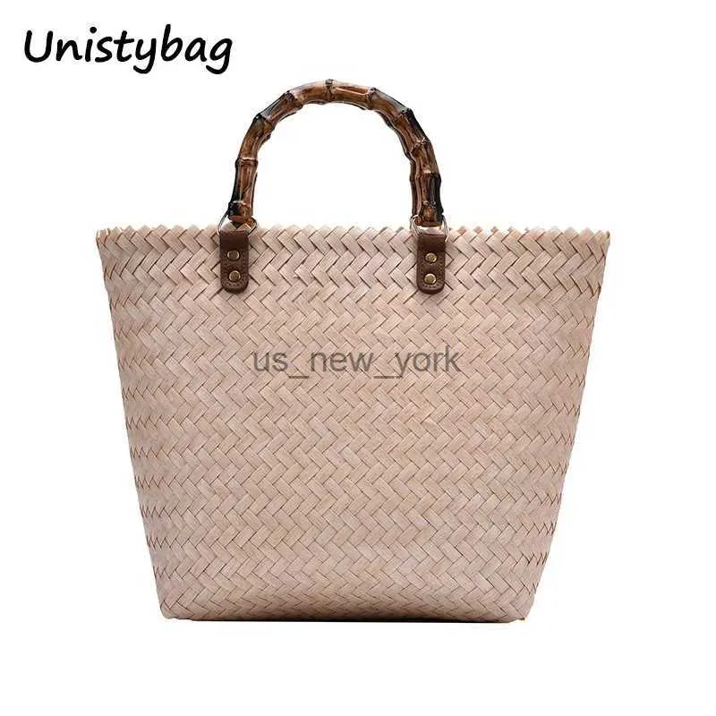 Totes Unistybag Moda Bolsa de palha Mulheres Retro de grande capacidade Bolsa Bambu Nó portátil Bolsa de praia Bola de cesta feminina 240407