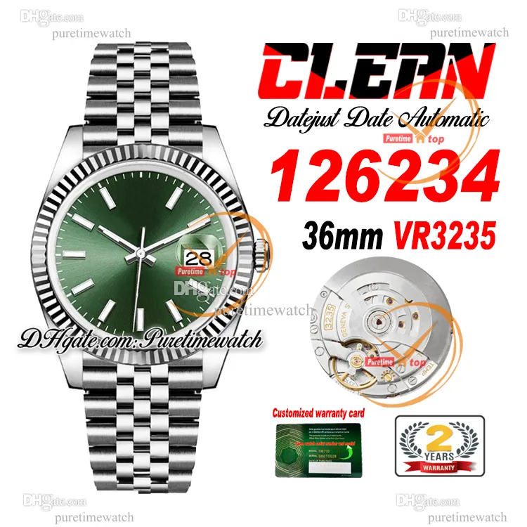 Clean Factory CF 126234 VR3235 Automatik-Unisex-Uhr Herren-Damenuhren 36 mm grünes Stick-Zifferblatt 904L Jubileesteel-Armband Superversion Puretimewatch 0051