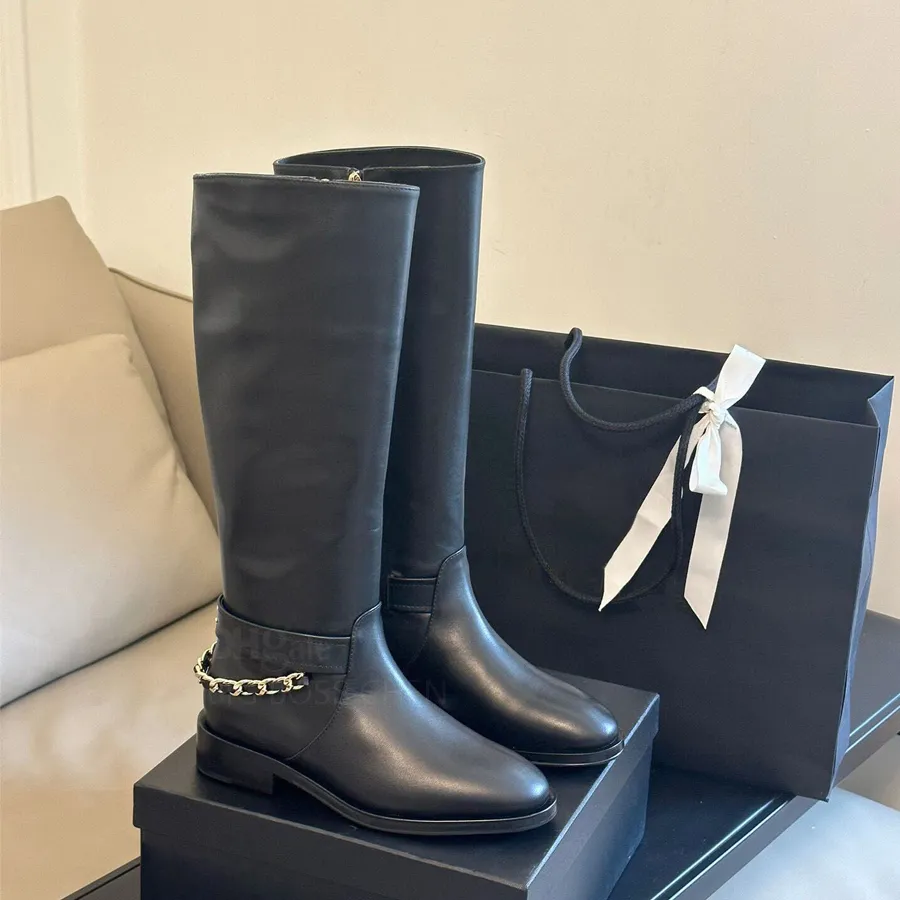 Bottes de créateurs de luxe pour femmes, chaînes zippées en cuir véritable, talons bas, bottes de chevalier, semelle extérieure en cuir de qualité supérieure, bottines de mode pour dame fille noir