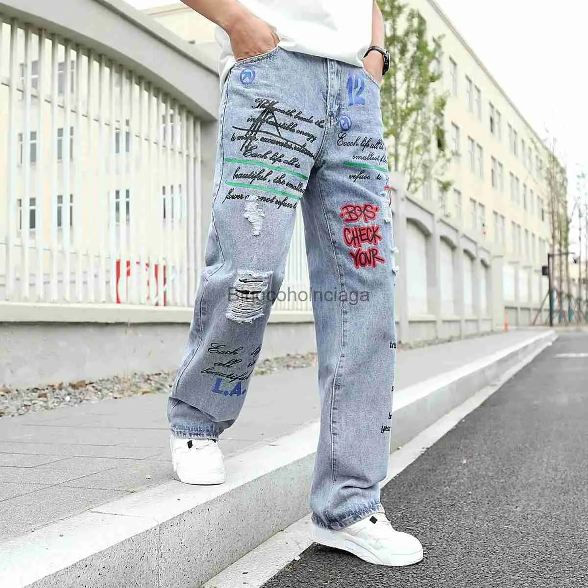 Jeans Da Uomo Jeans Con Stampa Graffiti Pantaloni Hip Hop Sfumati