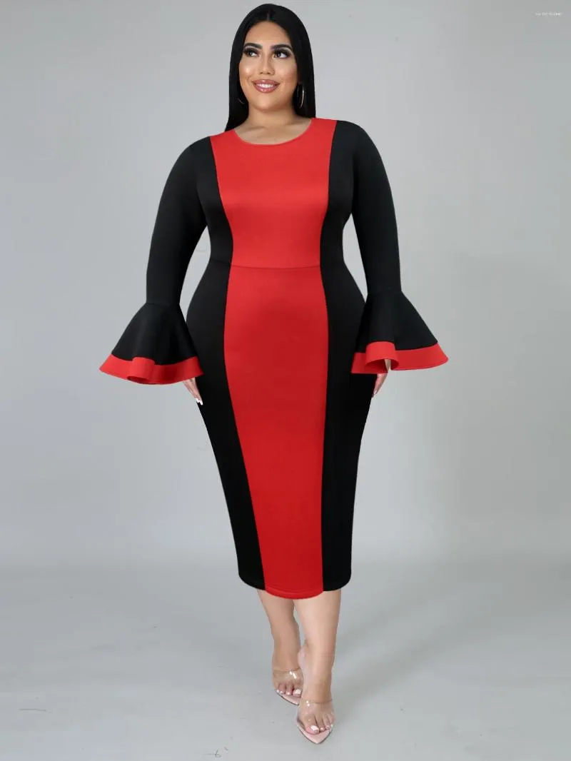 Sukienki w rozmiarze Plus Długie zlewy rękawie o szyję czerwona czarna patchwork bodycon curvy kobiety wieczorne koktajle 2023