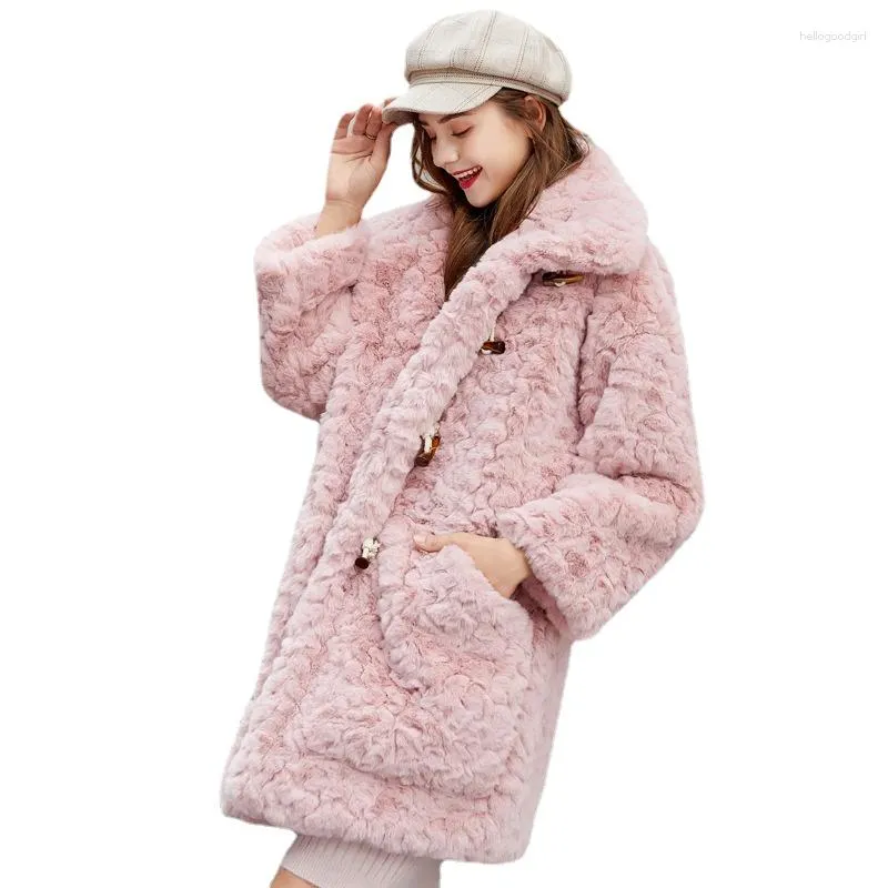 Manteau d'hiver en fourrure pour femmes, veste en peluche rose, vêtements d'extérieur pour dames, bouton en fausse corne Rex, moelleux, 2023