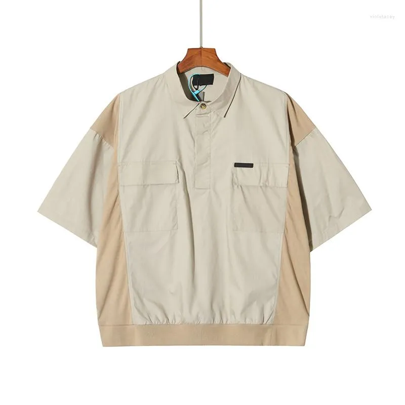 Mäns casual skjortor 7: e kollektionen kort ärm sommararbete två fickor lös passform lapptäcke bomullsskjorta halv hals