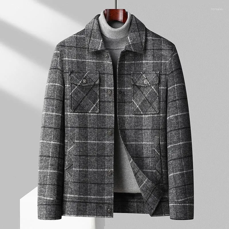 Chaquetas para hombres Estilo de Inglaterra Hombres Elegante Gris Blanco Plaid Cashmere Mezcla Abrigos Turn Down Collar Single Breasted Woolen Tweed Trajes