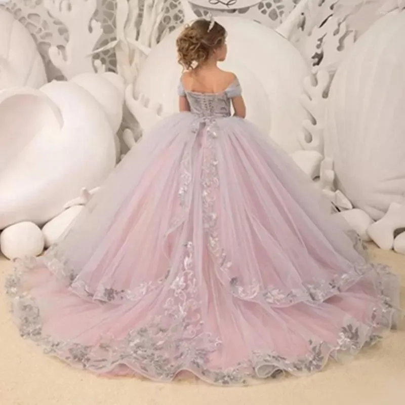 Girl Dresses Gauze Lace Printing Sling Layered Princess Flower Wedding Party Ball First Communion Gowns Dream Kids Gift