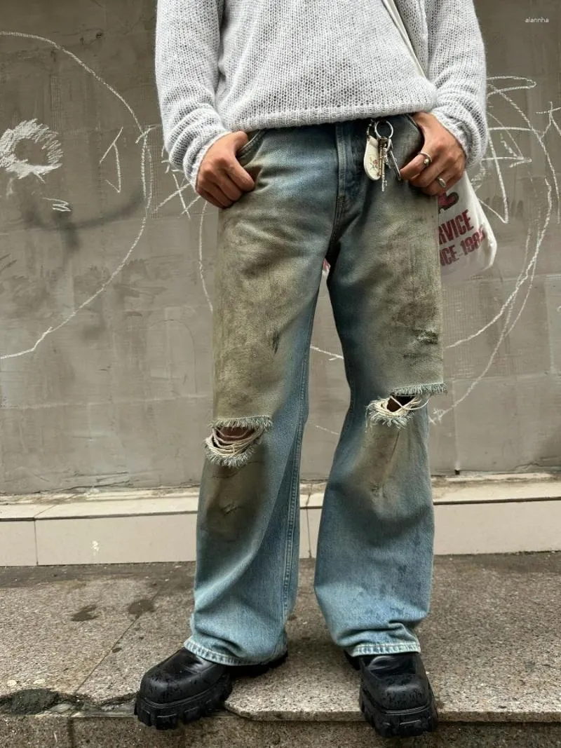 Jeans pour hommes teints à la boue endommagés lavés vieux couteau usé coupé bleu droit jambe large loisirs amples pantalons assortis mode coréenne