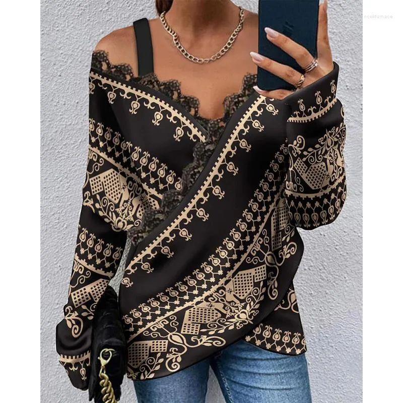 Women's Blouses Women Autumn Fashion Tribal Print Contrast Lace Cold Shoulder Wrap Top Casual Criss Cross Tee