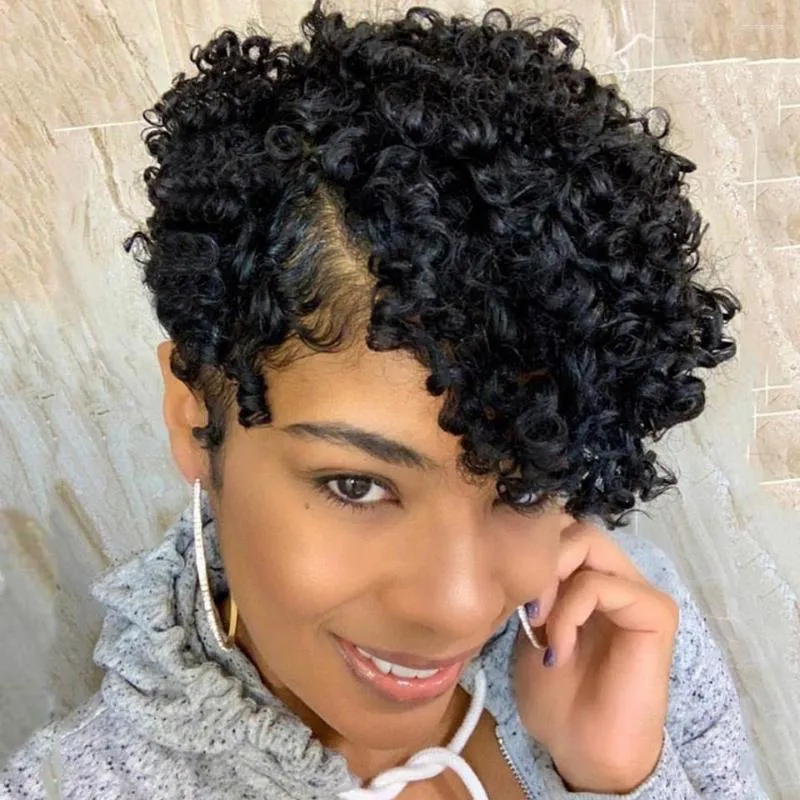 Trueme Short Curly Human Hair Wigs Pixie Bob جبهة دانتيل شفافة للنساء برازيلي برازيلي عميق