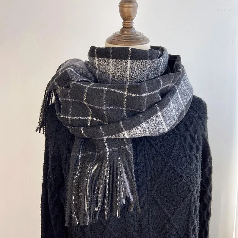 Lenços Mulheres Inverno Check Xadrez Cashmere Sinta Lenço Longo Com Borla Moda Feminina Pescoço Quente Xale Wraps Bufandas 2023