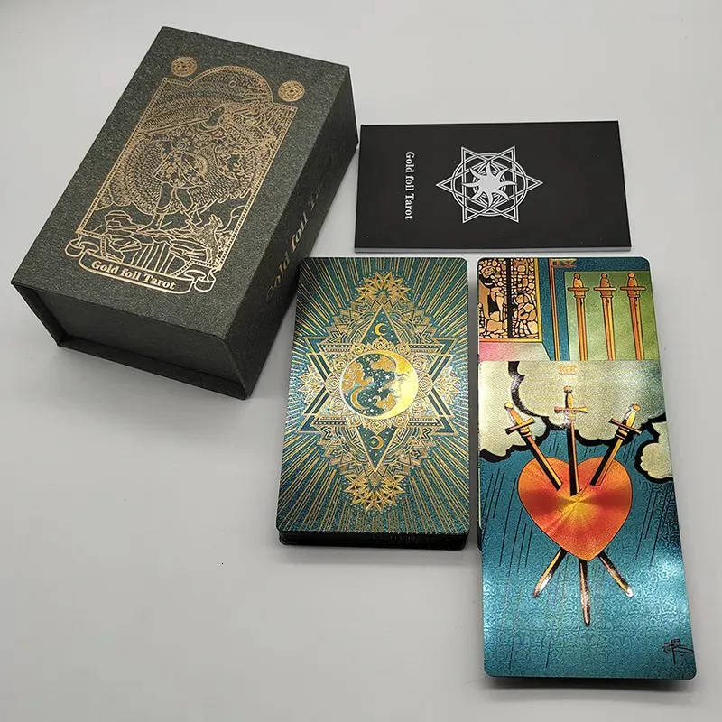 Activités de jeux de plein air Cartes de tarot en or Magnifique jeu de société mystère de pont étanche Oracle de divination coloré avec boîte-cadeau 230928