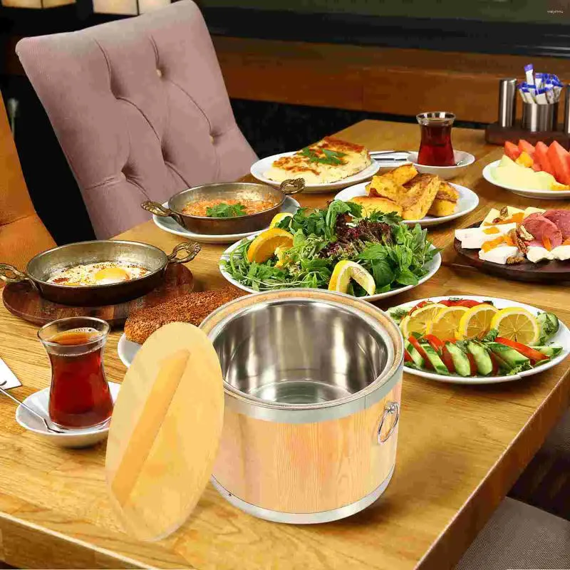 مجموعات أدوات المائدة 1 مجموعة حاوية باخرة دلو الأرز مع غطاء من الفولاذ المقاوم للصدأ السوشي.