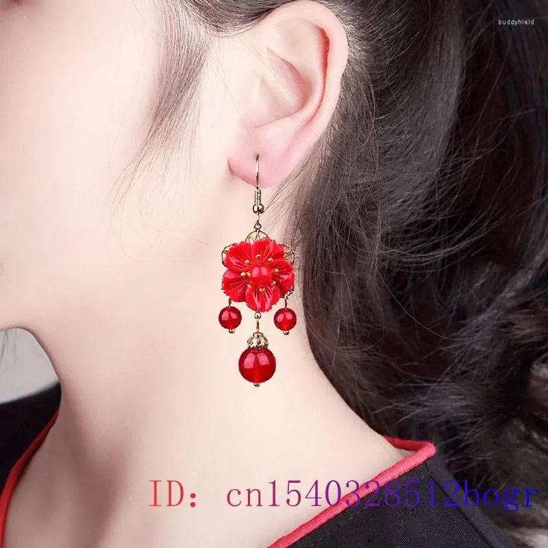 Pendientes colgantes con colgante de flor de Jade rojo para mujer, regalos de plata 925, amuleto Natural de Calcedonia, joyería de circonio de moda, cristal de piedras preciosas