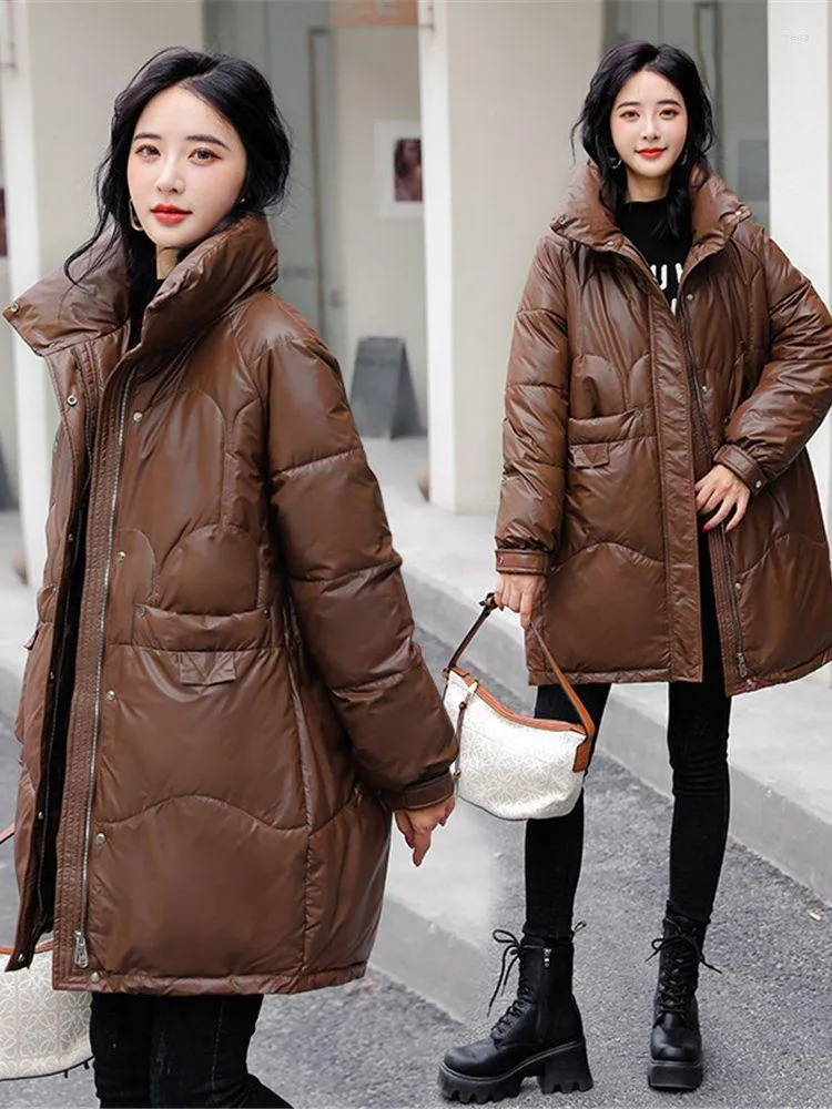 Kvinnors dikerockar 2023 Winter Jacka Parkas Long Down Cotton Jackets Glossy Female Hooded Padded Parka Waterproof Coat ZY7309