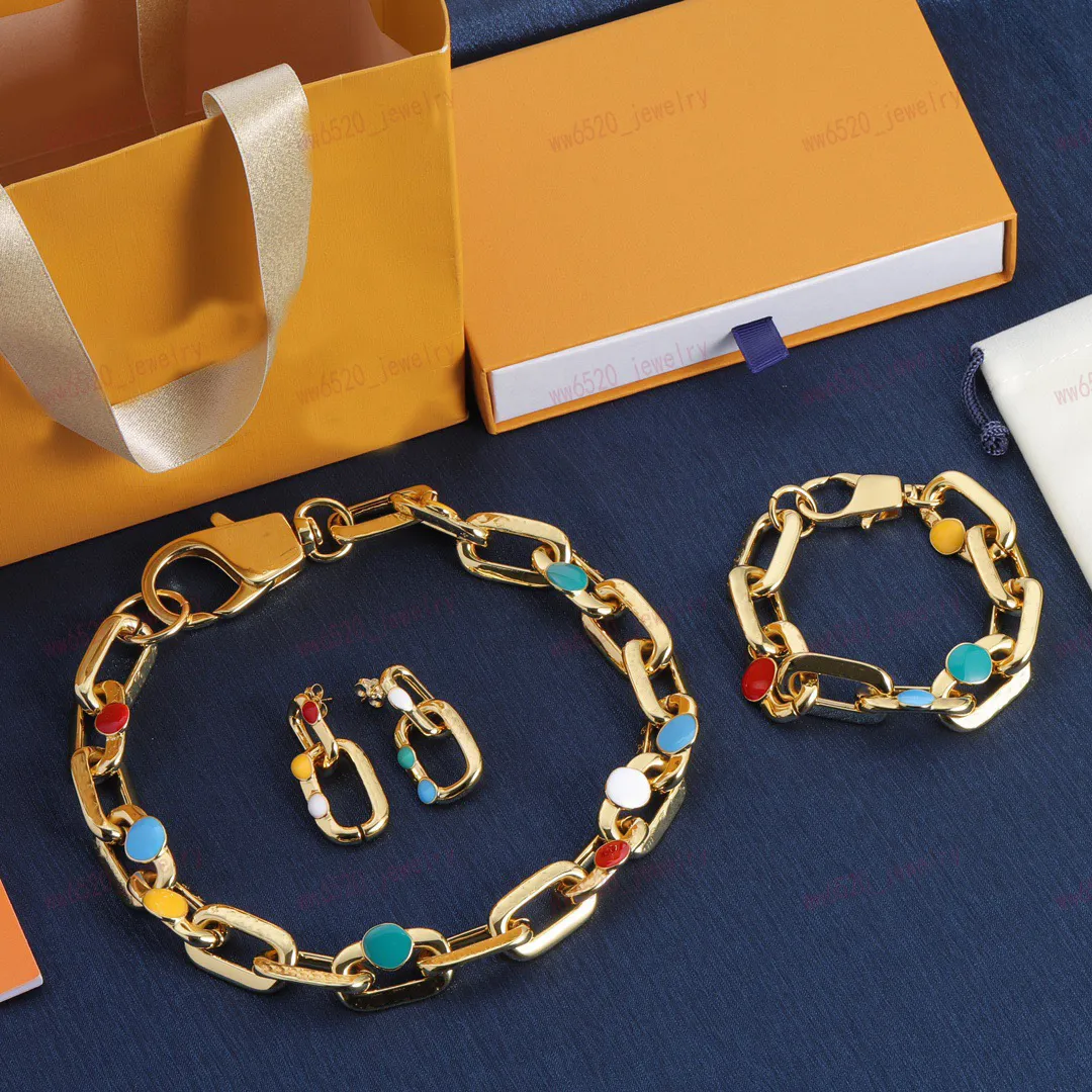 Gold necklace, bracelet, earrings, Thick chain Roman Alphabet 5 color enamel, multi-element designer jewelry, fashion personality suit, wedding, banquet, party