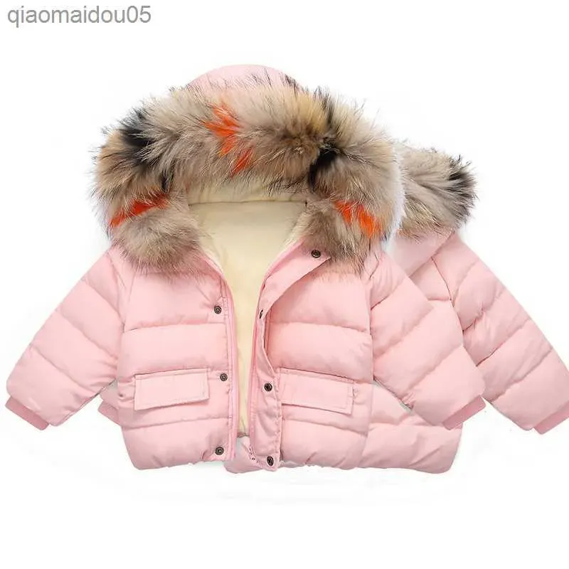 Baby Girl Boy Warm Outerwear 2023 Winter New Children Down Jacket Big Fur Collar Coat Kids Clothes Solid Thicken Girl Boy Jacket L230712